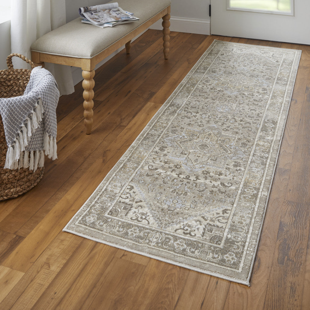 8' Tan Brown And Gray Medallion Distressed Runner Rug