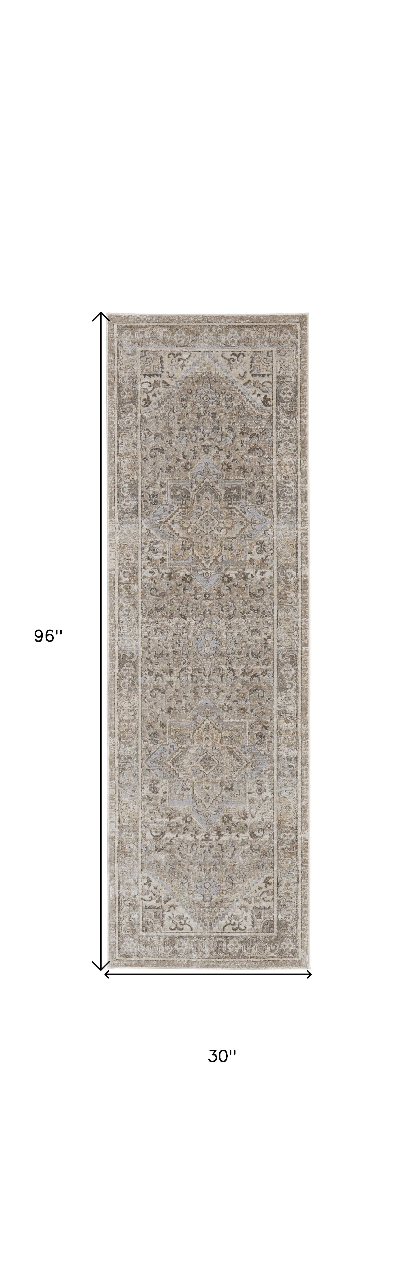8' Tan Brown And Gray Medallion Distressed Runner Rug