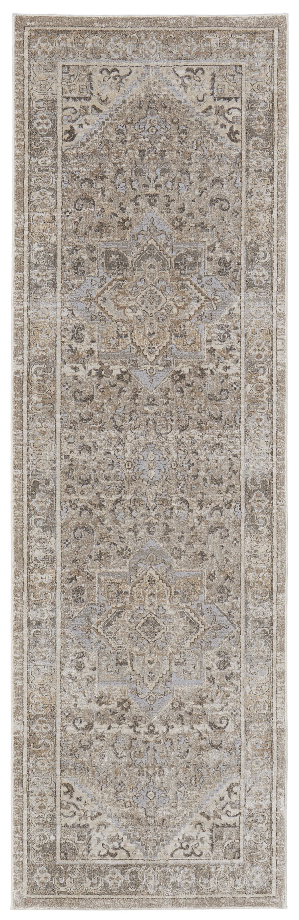 8' Tan Brown And Gray Medallion Distressed Runner Rug