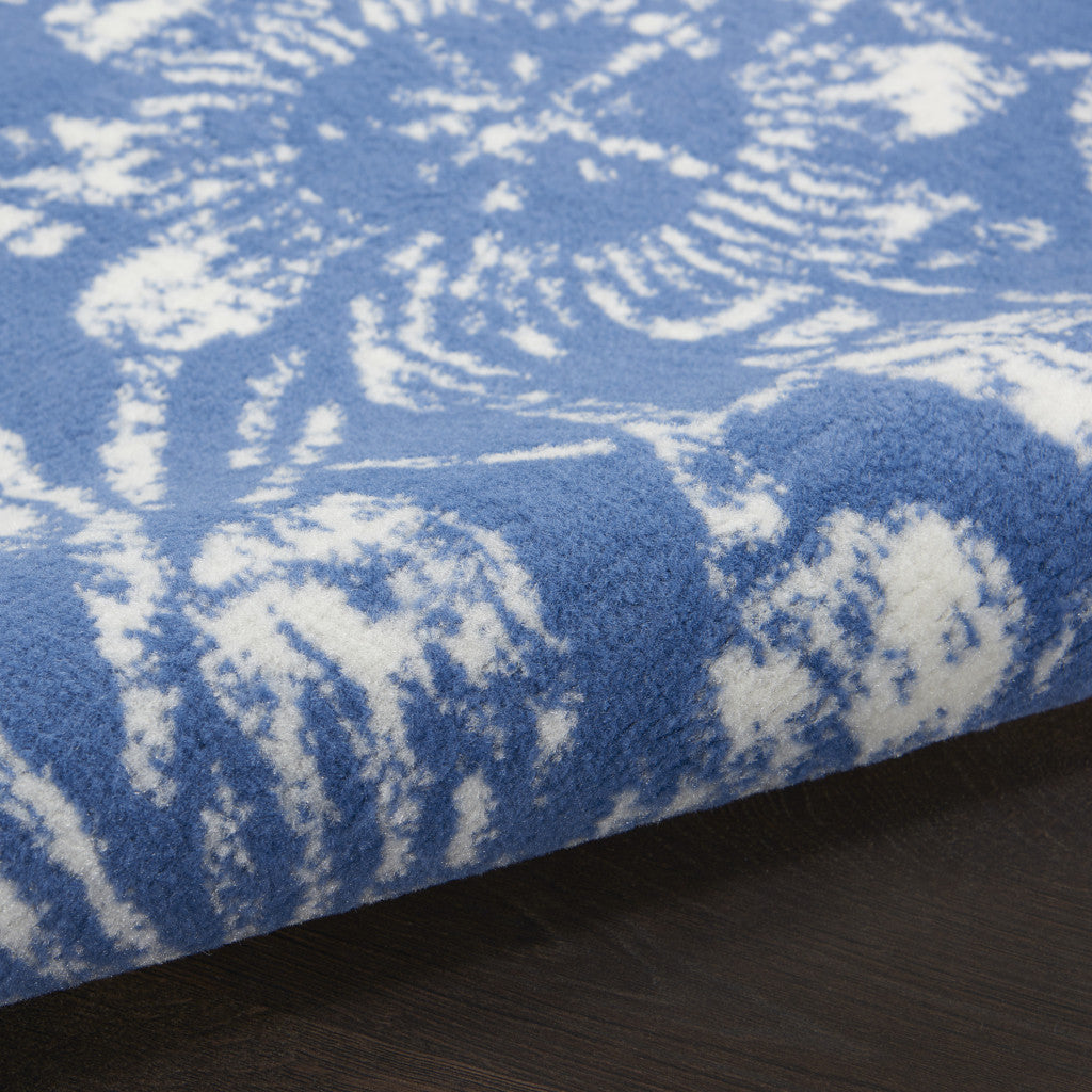 8' Ivory and Blue Floral Distressed Non Skid Runner Rug