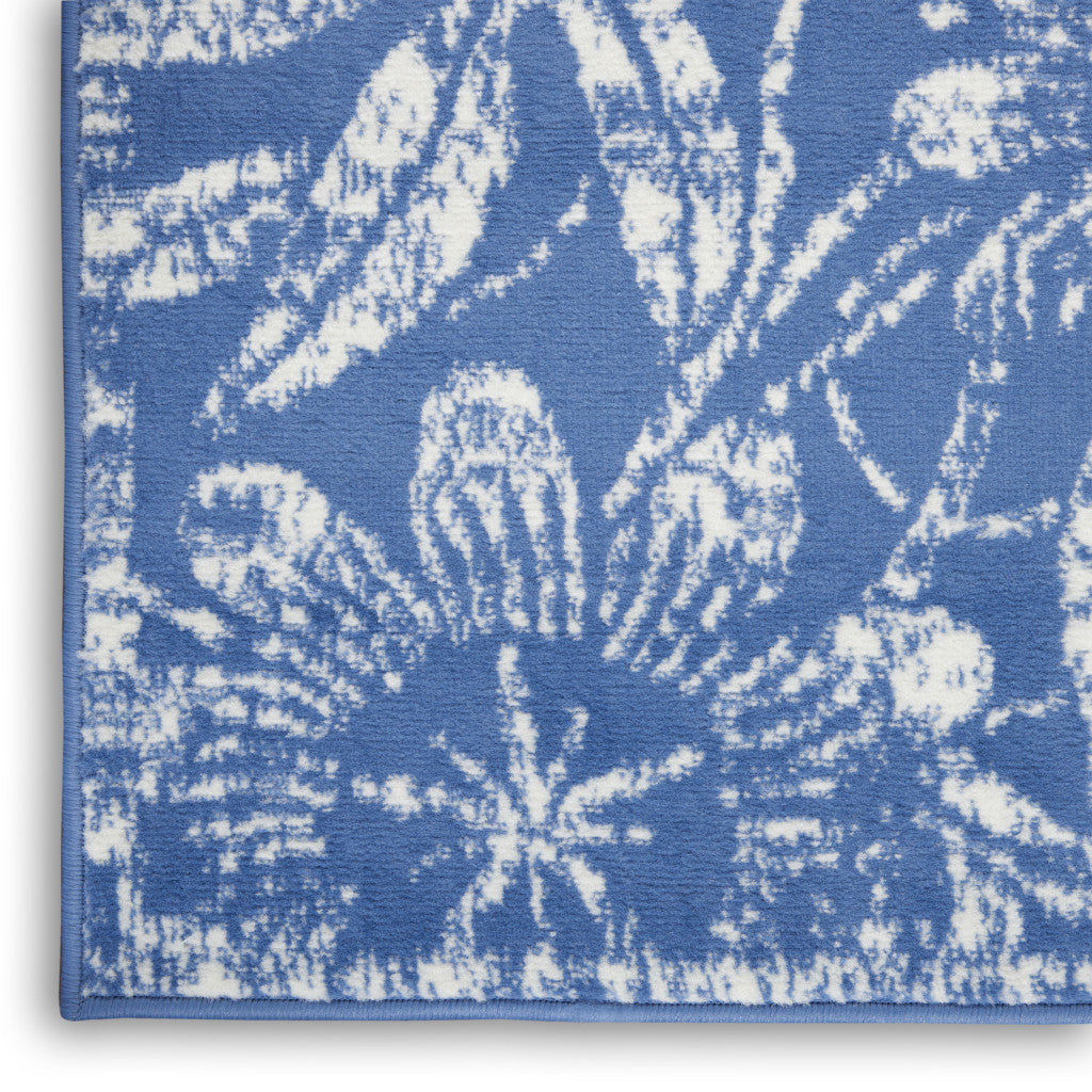 8' Ivory and Blue Floral Distressed Non Skid Runner Rug