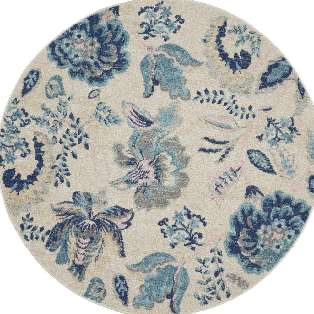5' Ivory Navy Blue And Light Blue Floral Round Rug