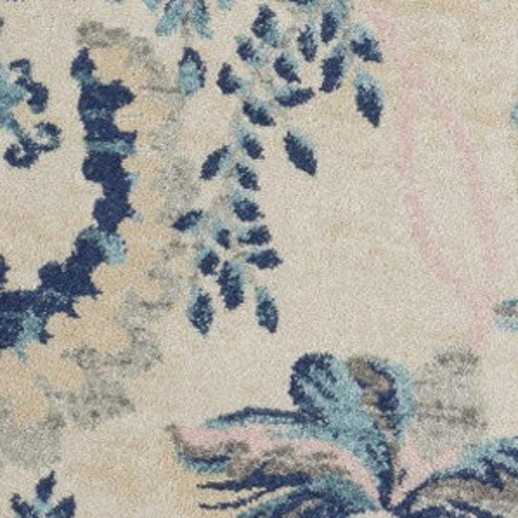 5' Ivory Navy Blue And Light Blue Floral Round Rug