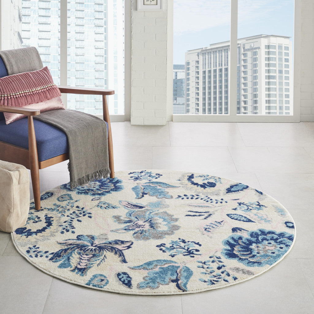 5' Ivory Navy Blue And Light Blue Floral Round Rug
