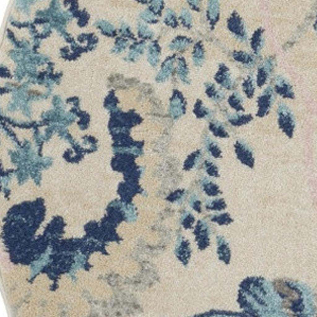 5' Ivory Navy Blue And Light Blue Floral Round Rug