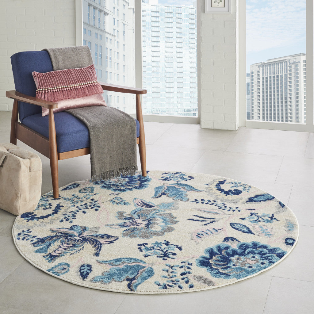 5' Ivory Navy Blue And Light Blue Floral Round Rug