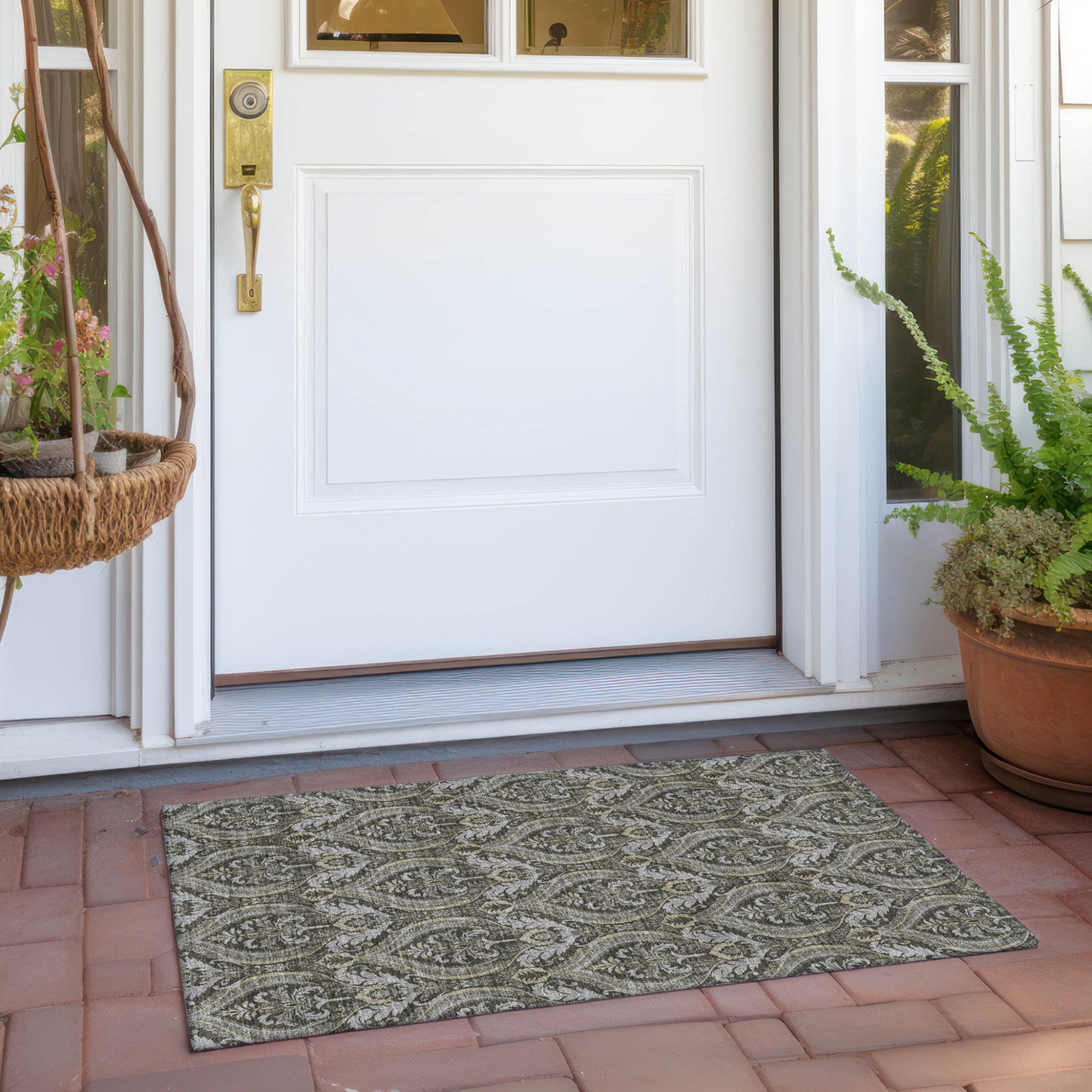 2' X 3' Taupe and Beige Damask Washable Non Skid Indoor Outdoor Area Rug