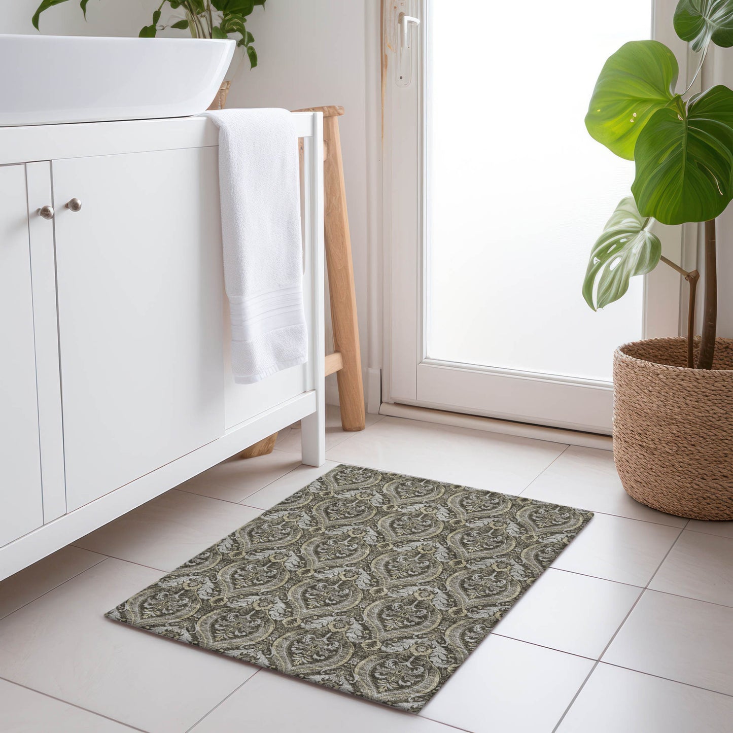 2' X 3' Taupe and Beige Damask Washable Non Skid Indoor Outdoor Area Rug