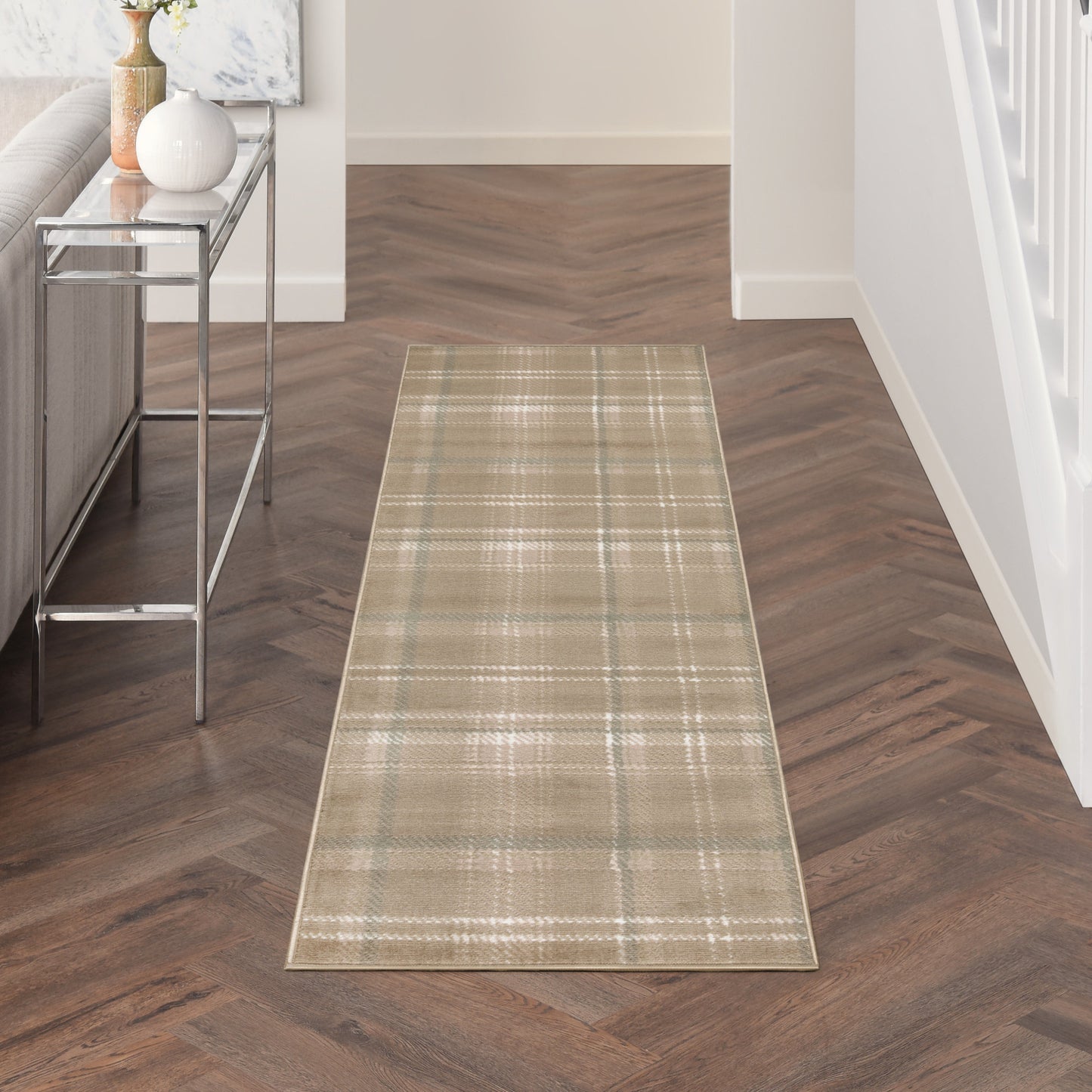 10' Taupe and Ivory Plaid Runner Rug