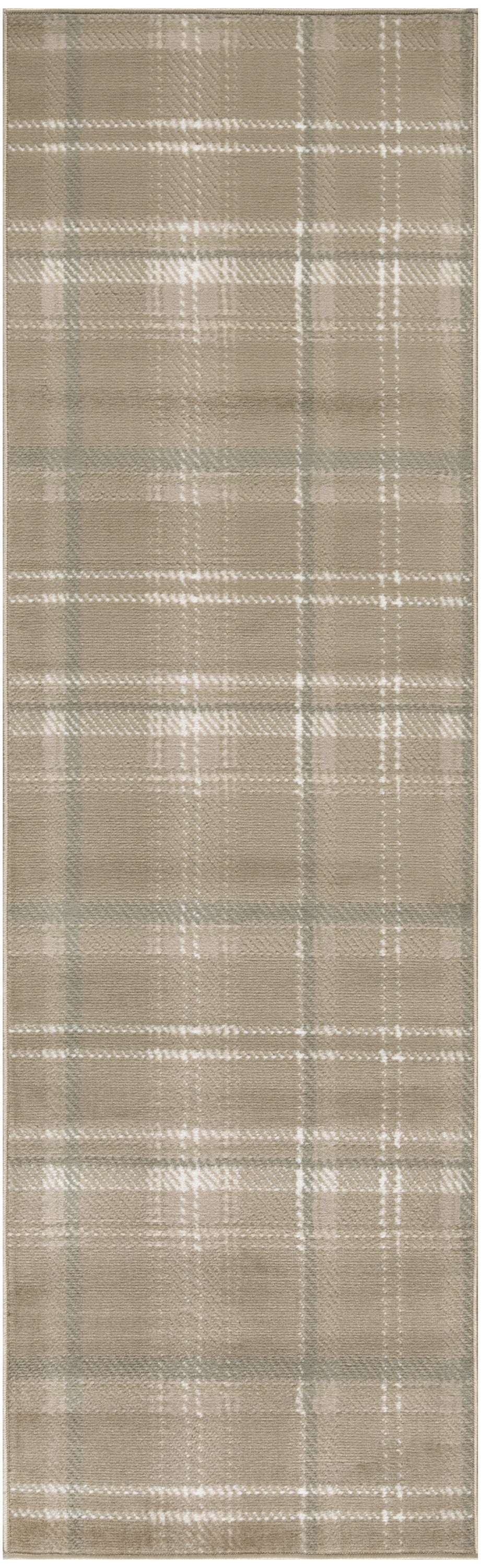 10' Taupe and Ivory Plaid Runner Rug
