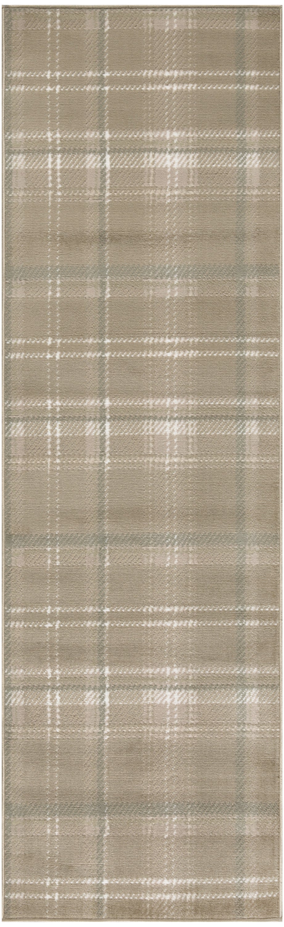 10' Taupe and Ivory Plaid Runner Rug