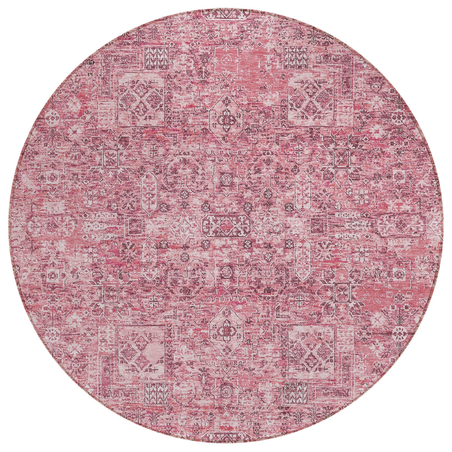 8' Pink Blush And Charcoal Round Floral Washable Indoor Outdoor Area Rug