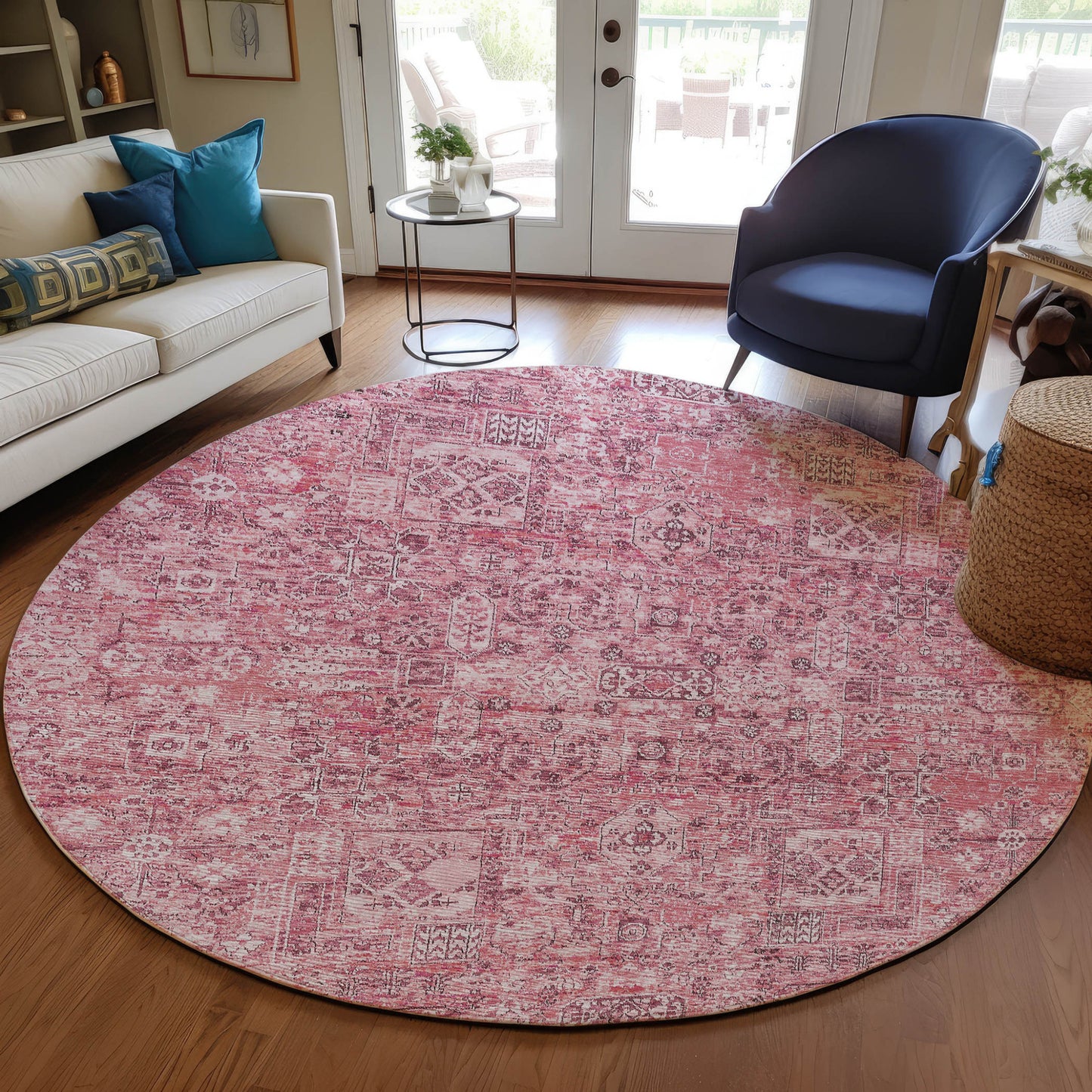 8' Pink Blush And Charcoal Round Floral Washable Indoor Outdoor Area Rug