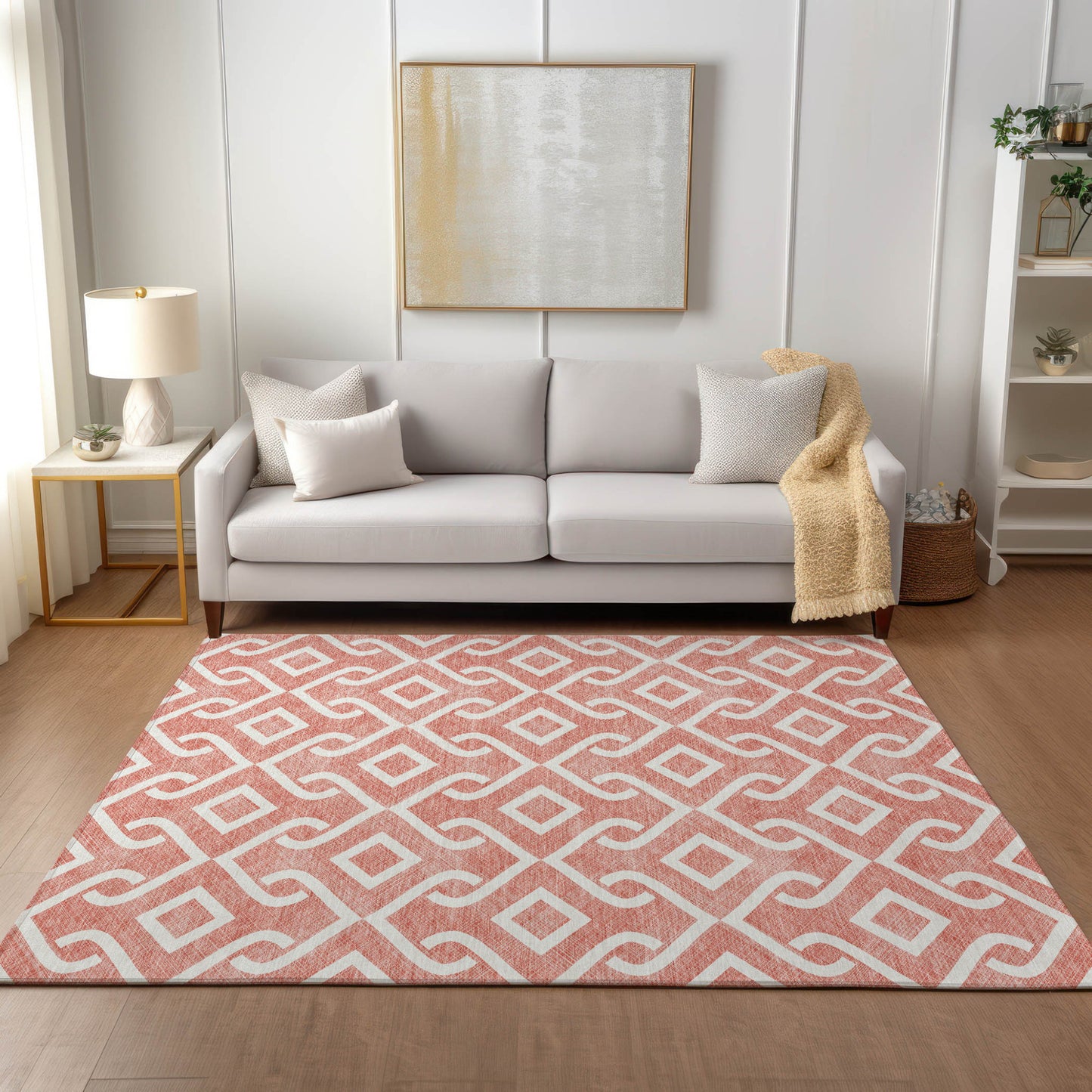 9' X 12' Salmon And Ivory Geometric Washable Indoor Outdoor Area Rug