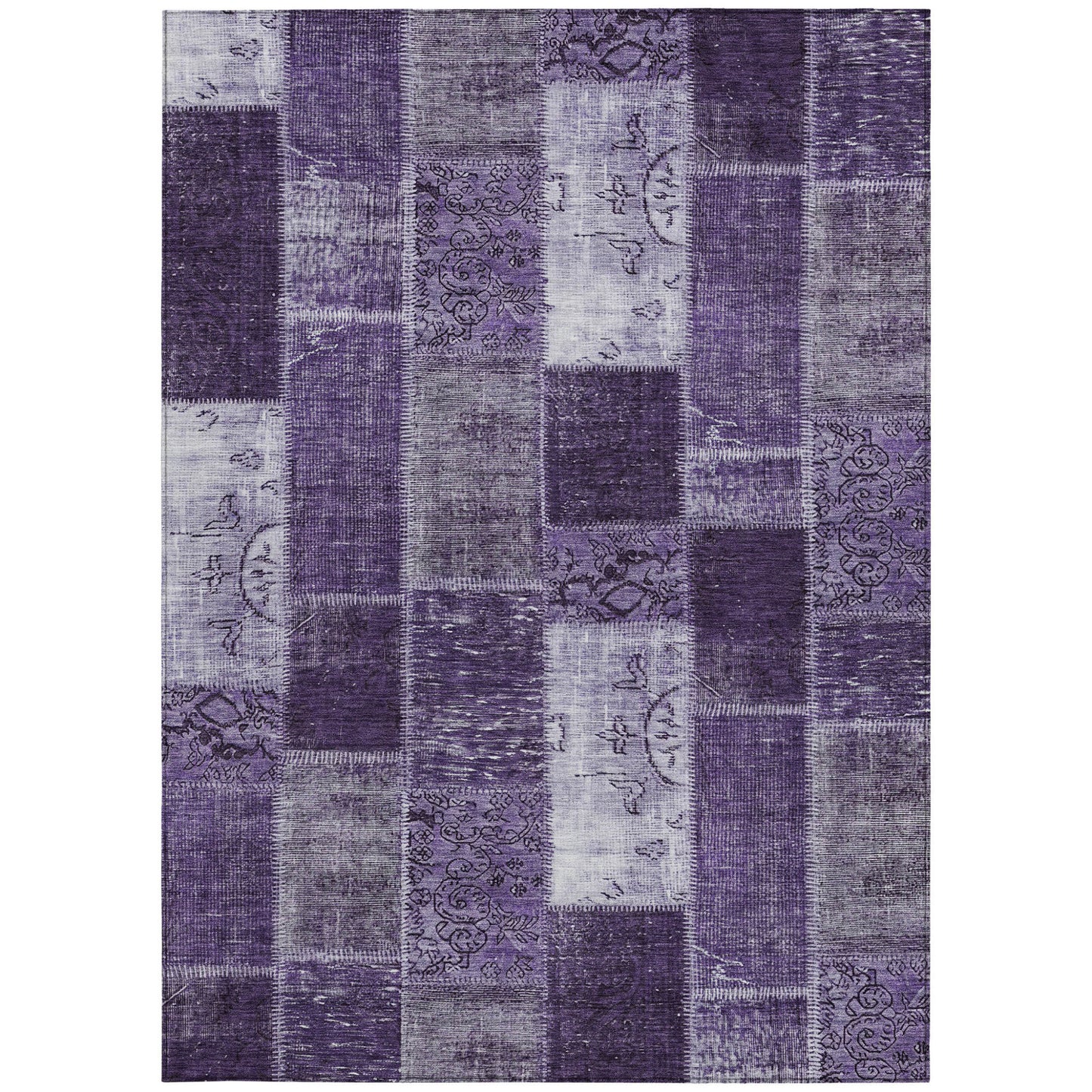 9' X 12' Purple Eggplant And Lavender Patchwork Washable Indoor Outdoor Area Rug