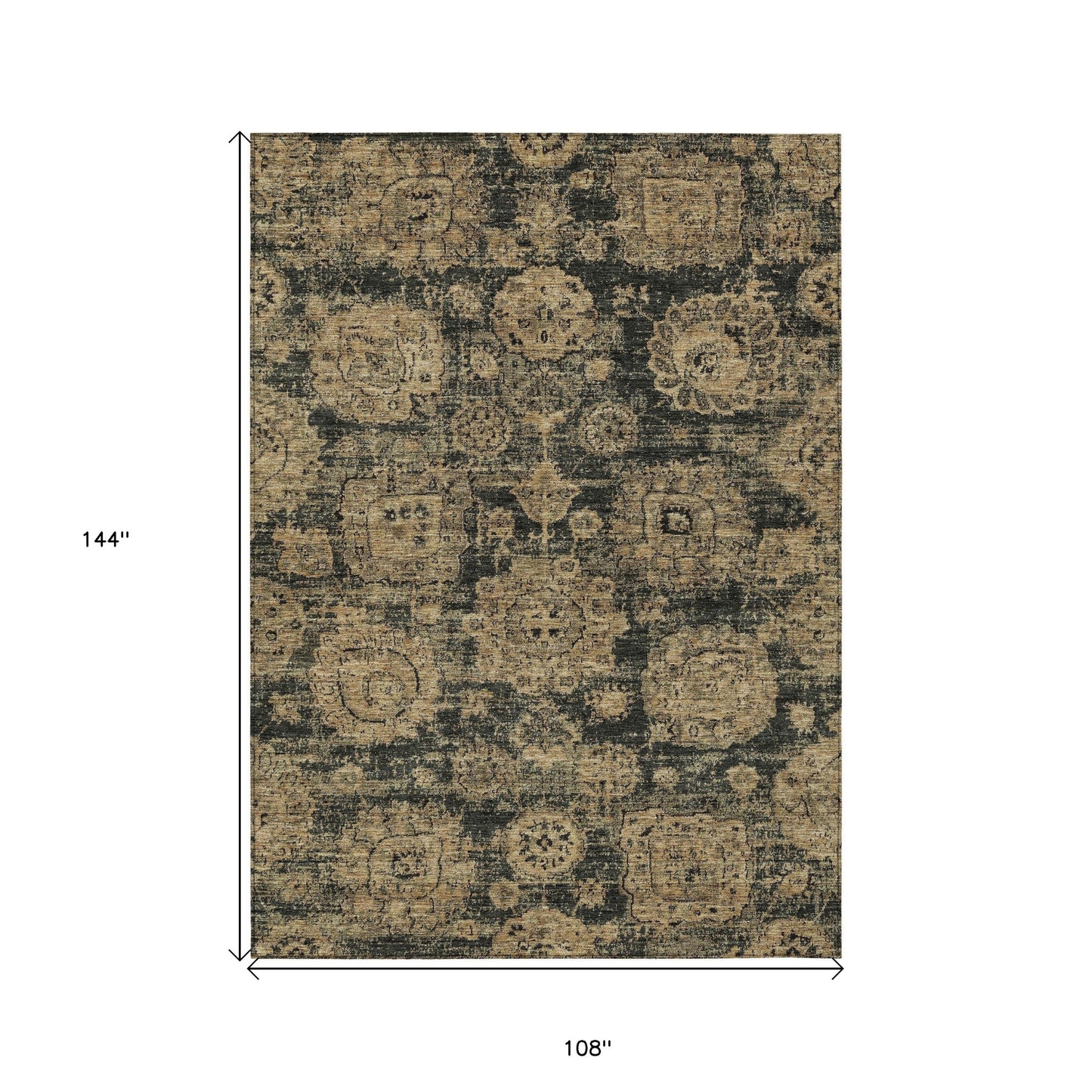 9' X 12' Charcoal Gold And Tan Floral Washable Indoor Outdoor Area Rug
