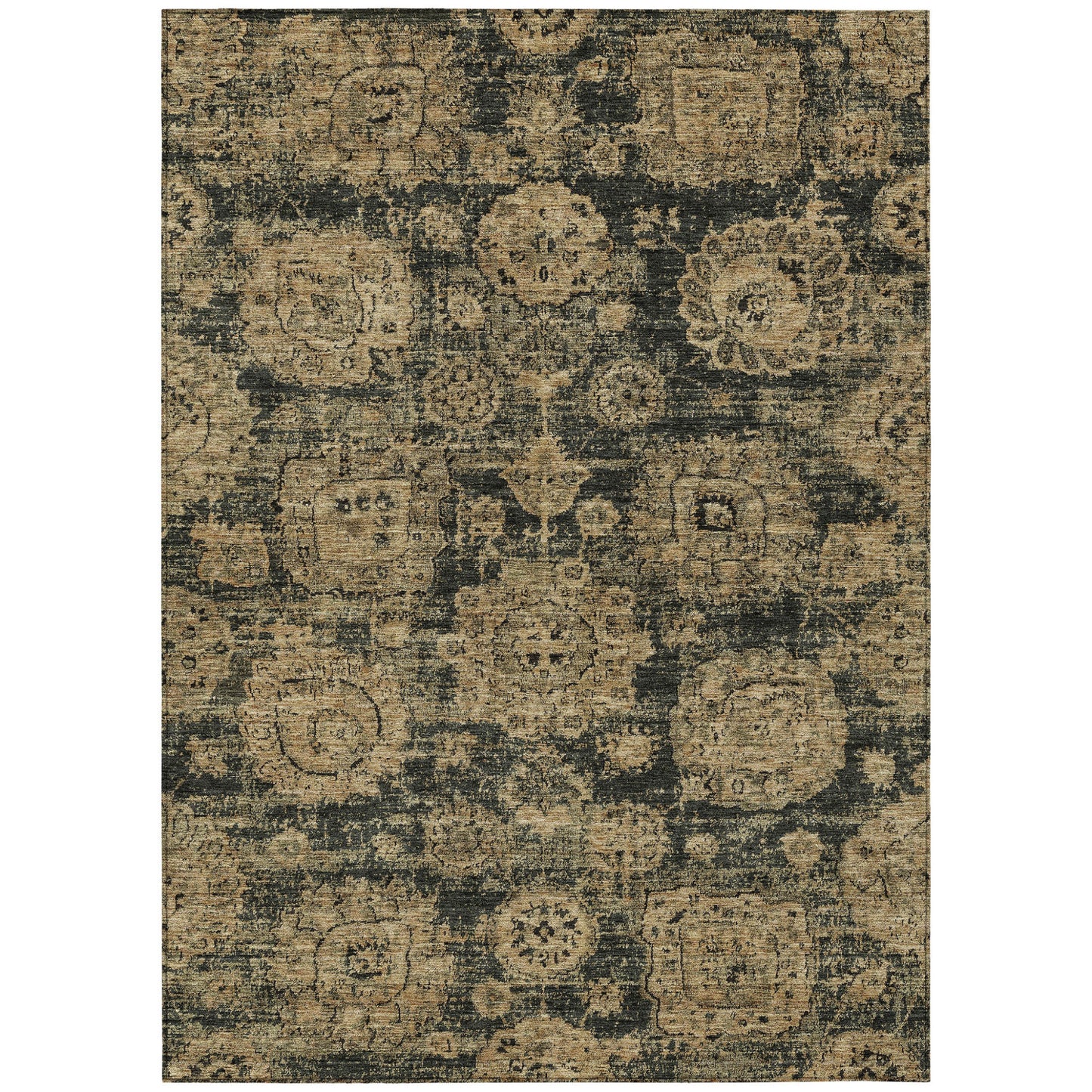 9' X 12' Charcoal Gold And Tan Floral Washable Indoor Outdoor Area Rug