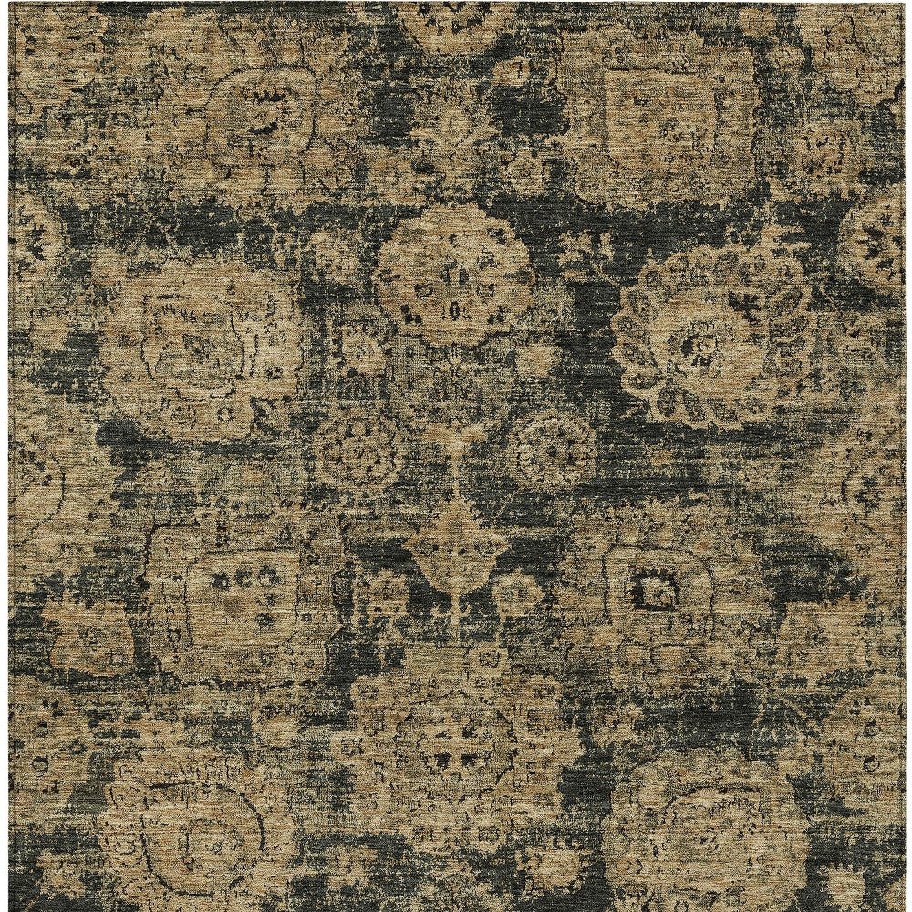 9' X 12' Charcoal Gold And Tan Floral Washable Indoor Outdoor Area Rug