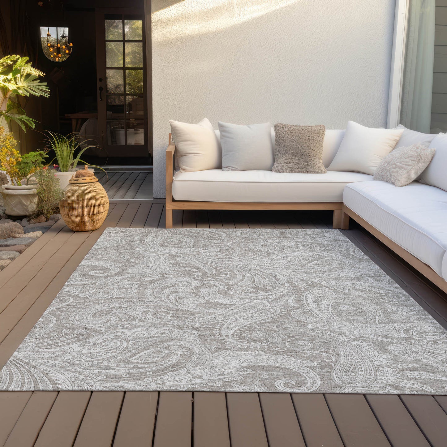 5' X 8' Taupe Beige And Ivory Paisley Washable Indoor Outdoor Area Rug