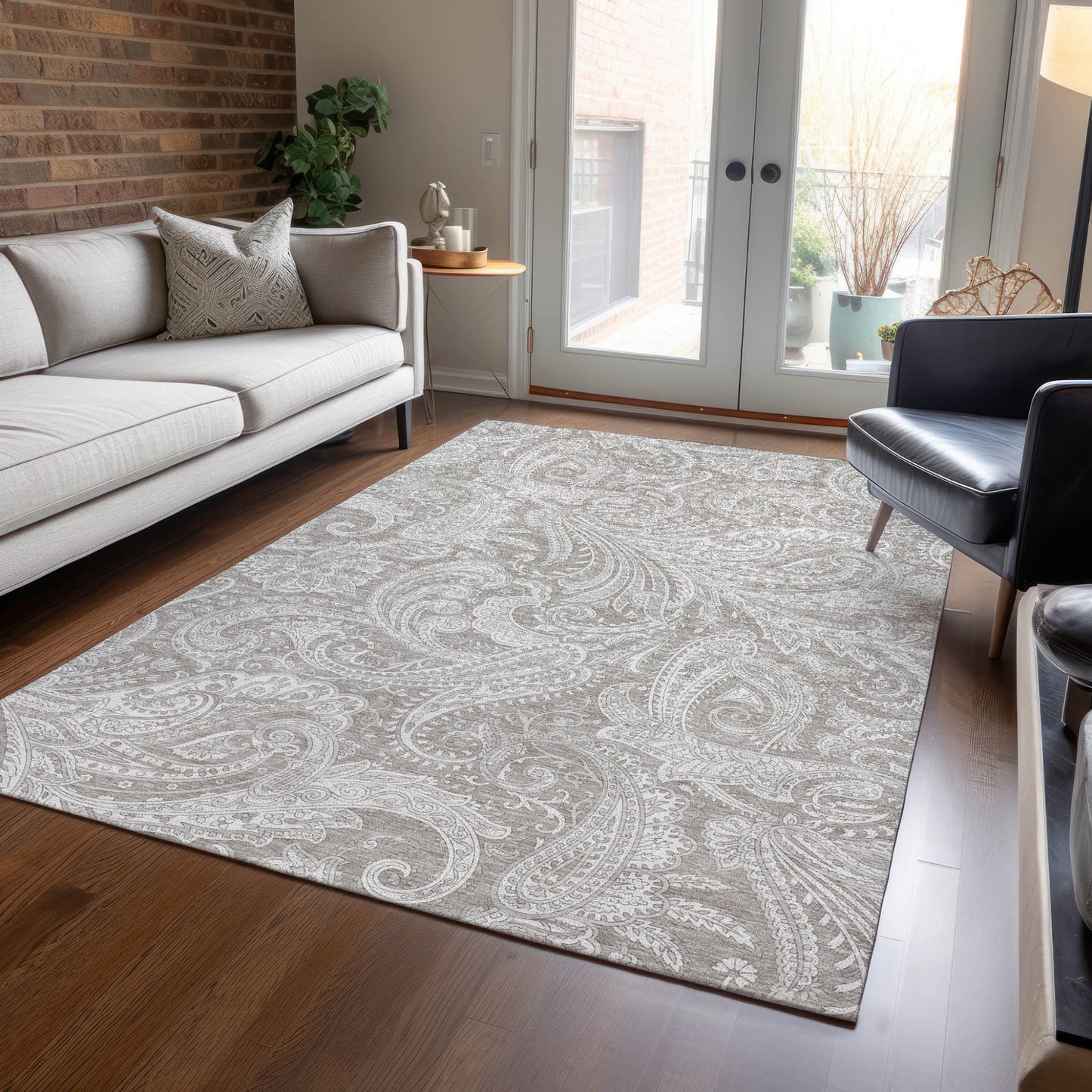 5' X 8' Taupe Beige And Ivory Paisley Washable Indoor Outdoor Area Rug