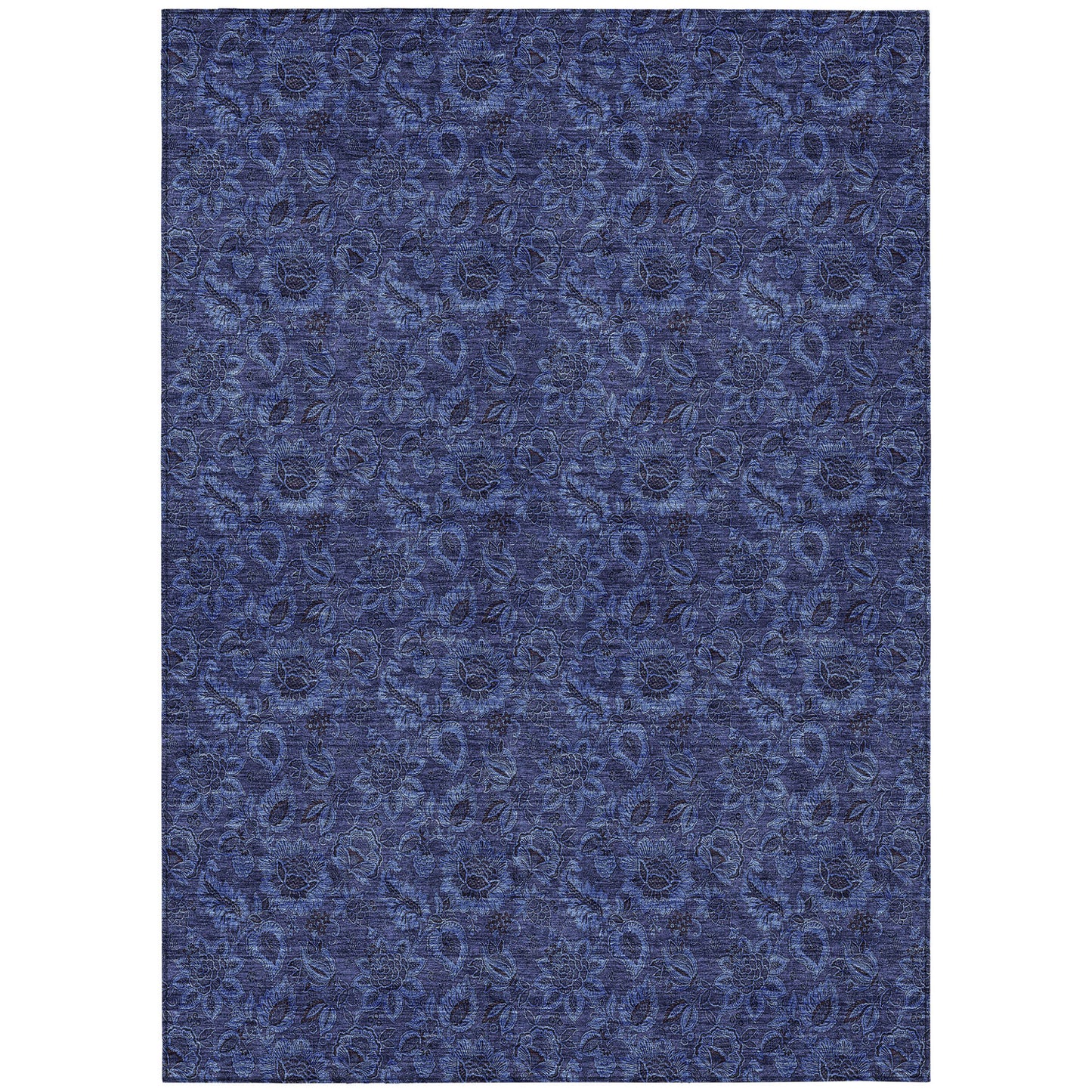 9' X 12' Navy Blue And Charcoal Floral Washable Indoor Outdoor Area Rug