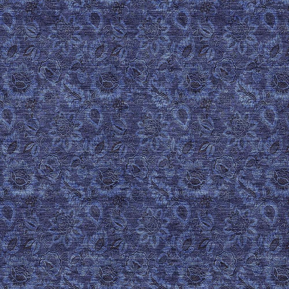 9' X 12' Navy Blue And Charcoal Floral Washable Indoor Outdoor Area Rug