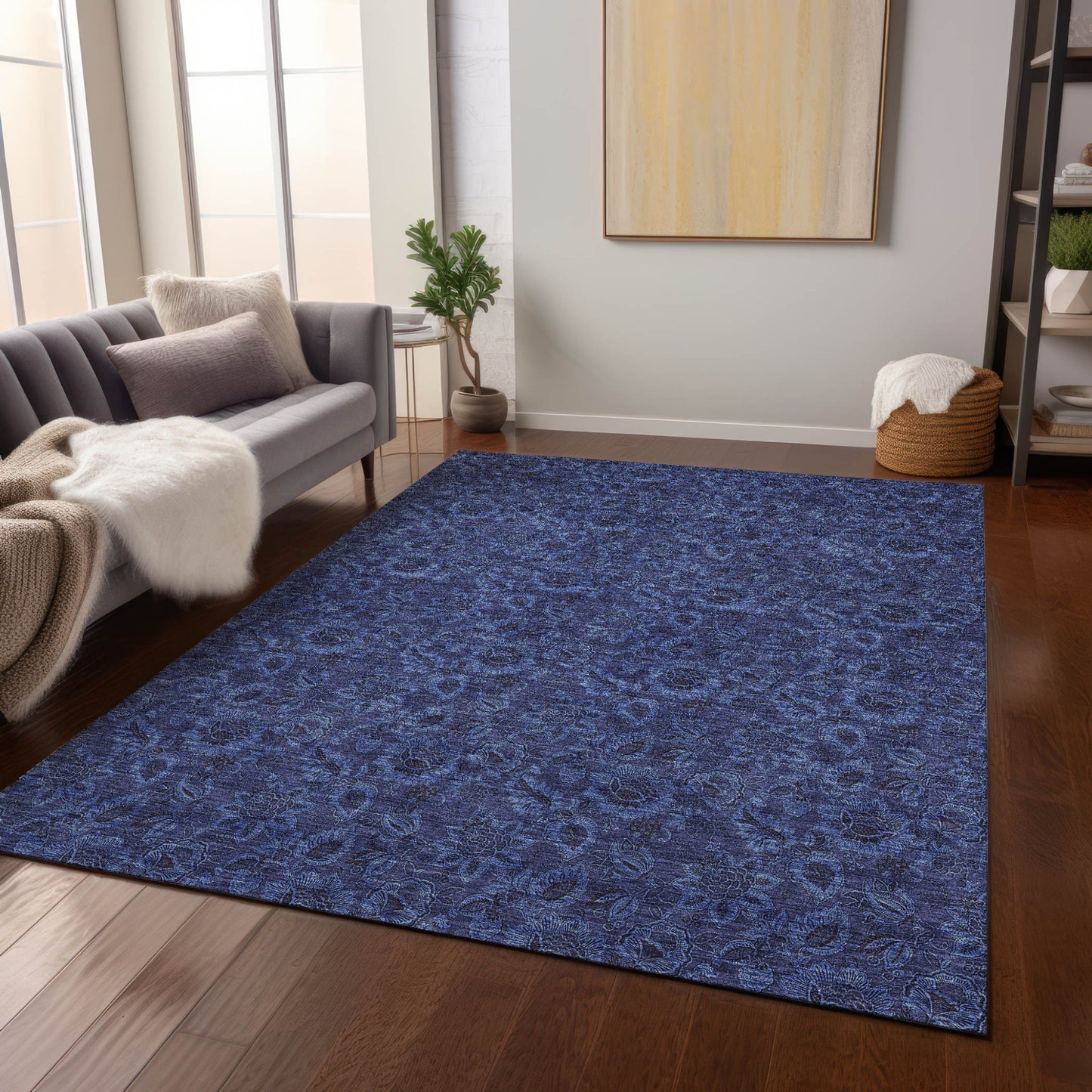 9' X 12' Navy Blue And Charcoal Floral Washable Indoor Outdoor Area Rug