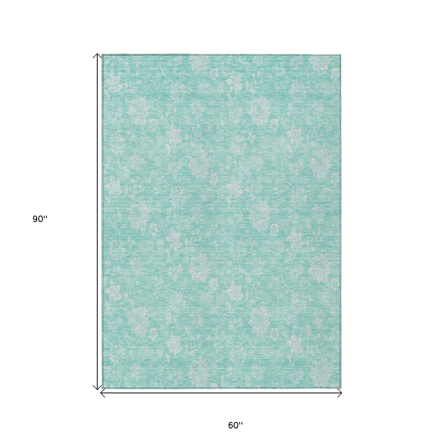 5' X 8' Aqua And Ivory Floral Washable Indoor Outdoor Area Rug