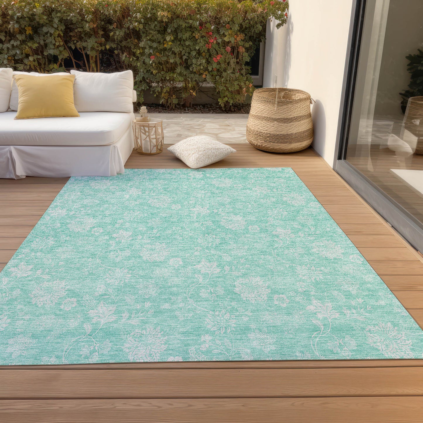 5' X 8' Aqua And Ivory Floral Washable Indoor Outdoor Area Rug