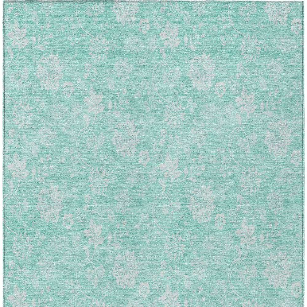 5' X 8' Aqua And Ivory Floral Washable Indoor Outdoor Area Rug