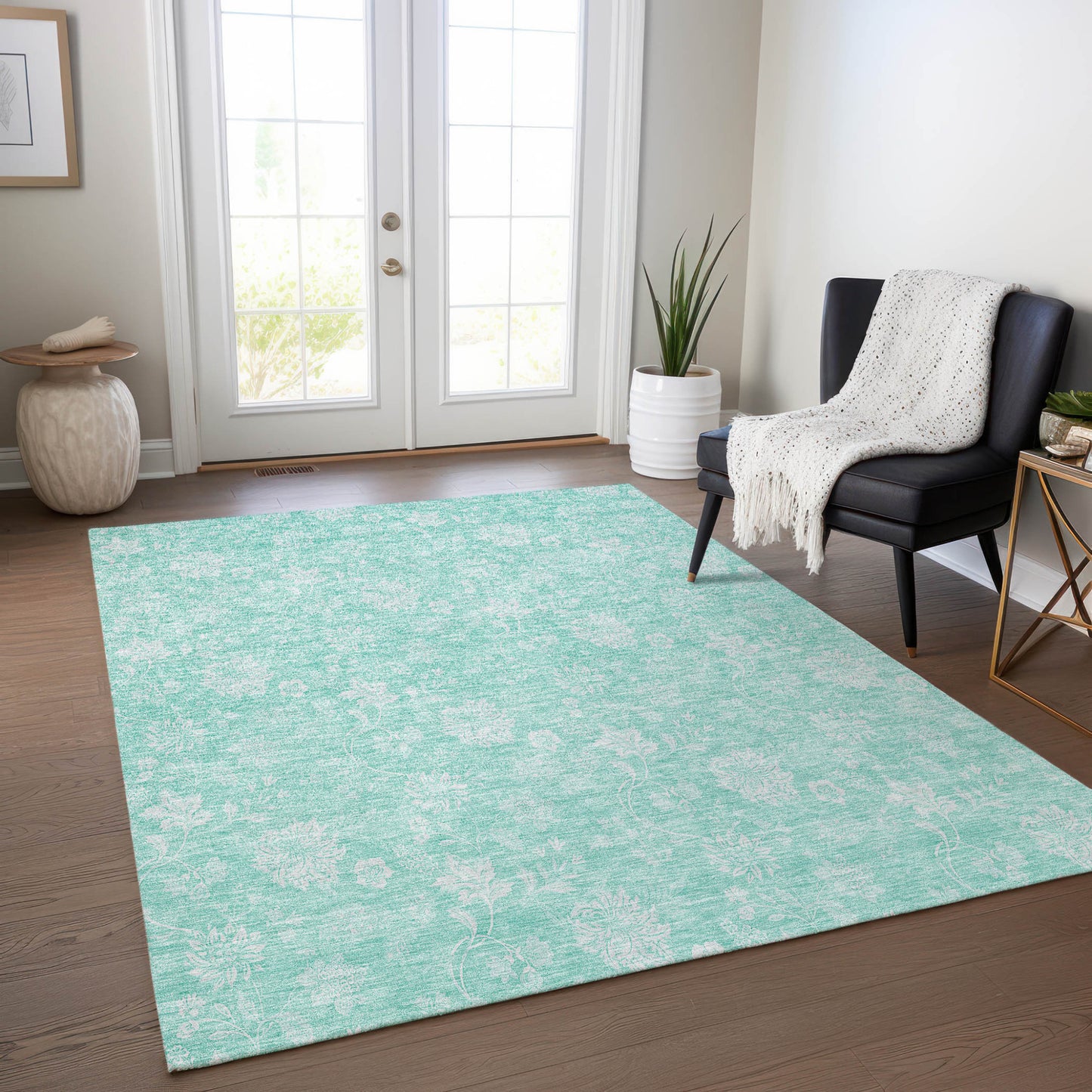 5' X 8' Aqua And Ivory Floral Washable Indoor Outdoor Area Rug