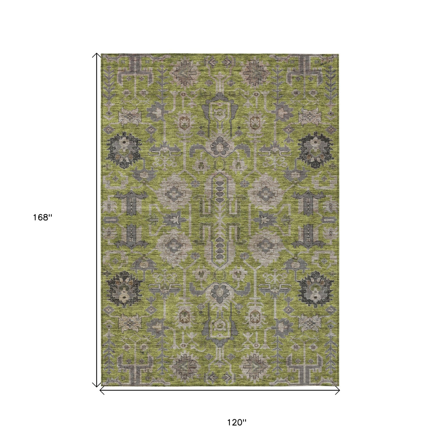 10' X 14' Olive Green Gray And Charcoal Oriental Washable Indoor Outdoor Area Rug