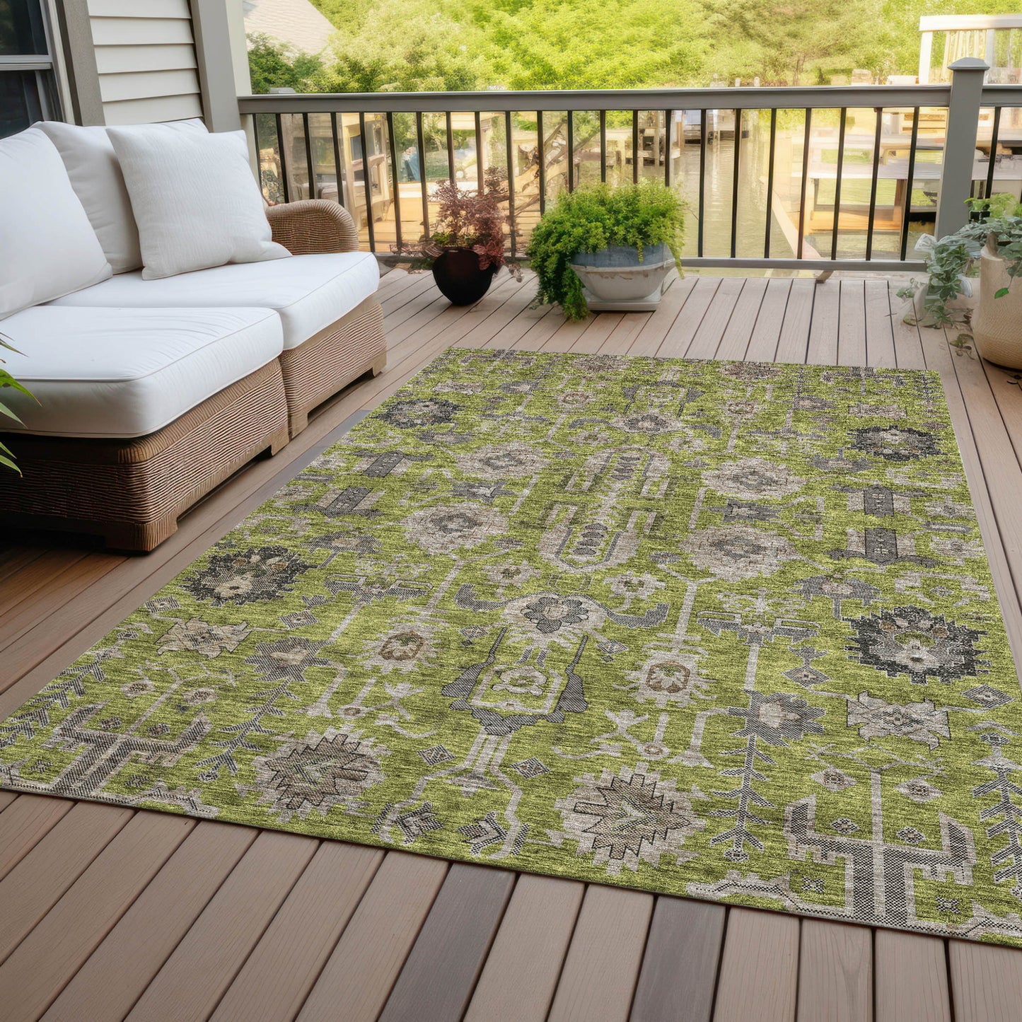10' X 14' Olive Green Gray And Charcoal Oriental Washable Indoor Outdoor Area Rug