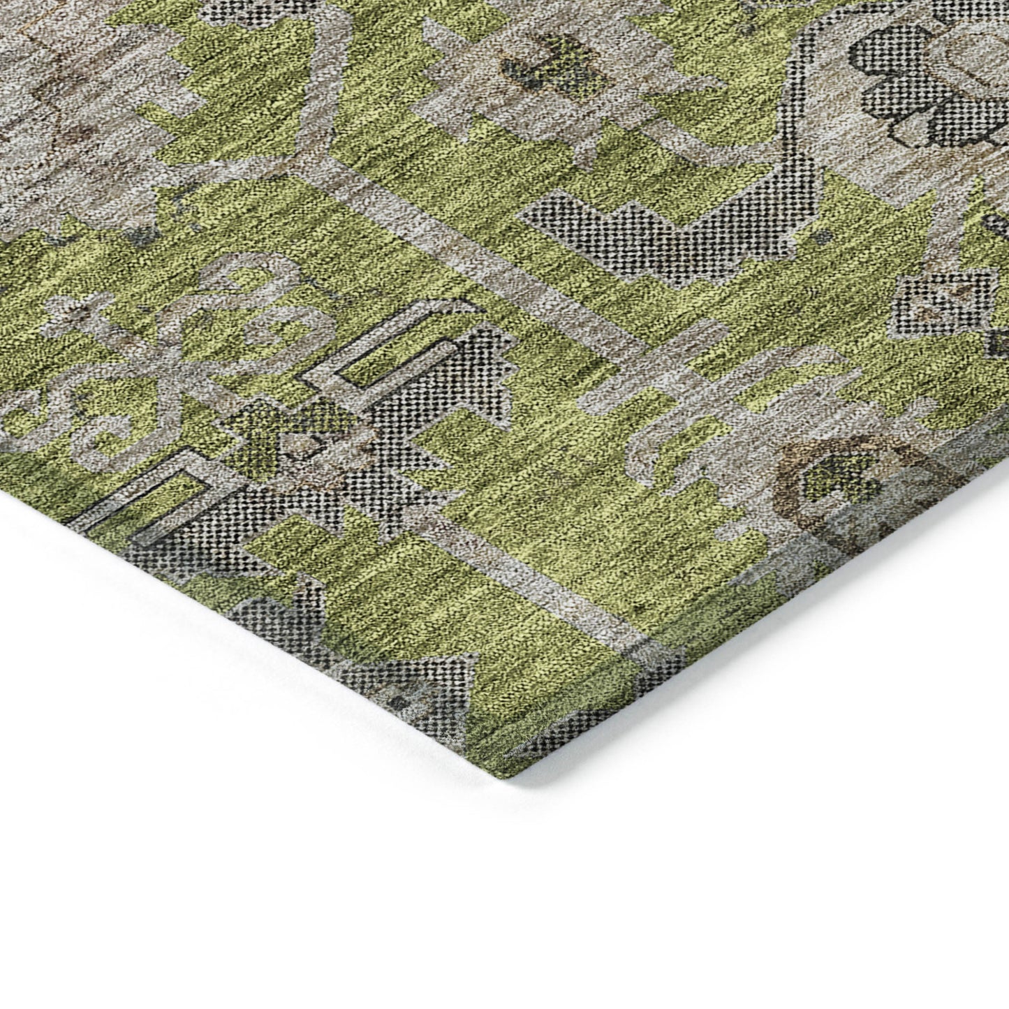 10' X 14' Olive Green Gray And Charcoal Oriental Washable Indoor Outdoor Area Rug