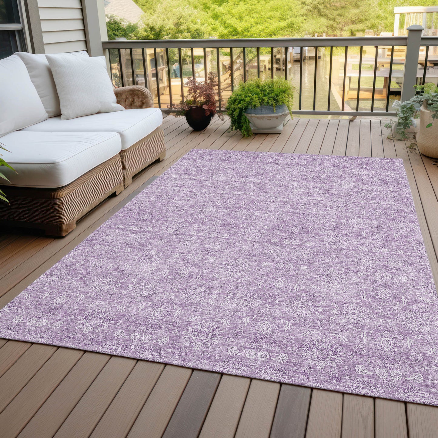 9' X 12' Lavender Lilac And Ivory Floral Washable Indoor Outdoor Area Rug
