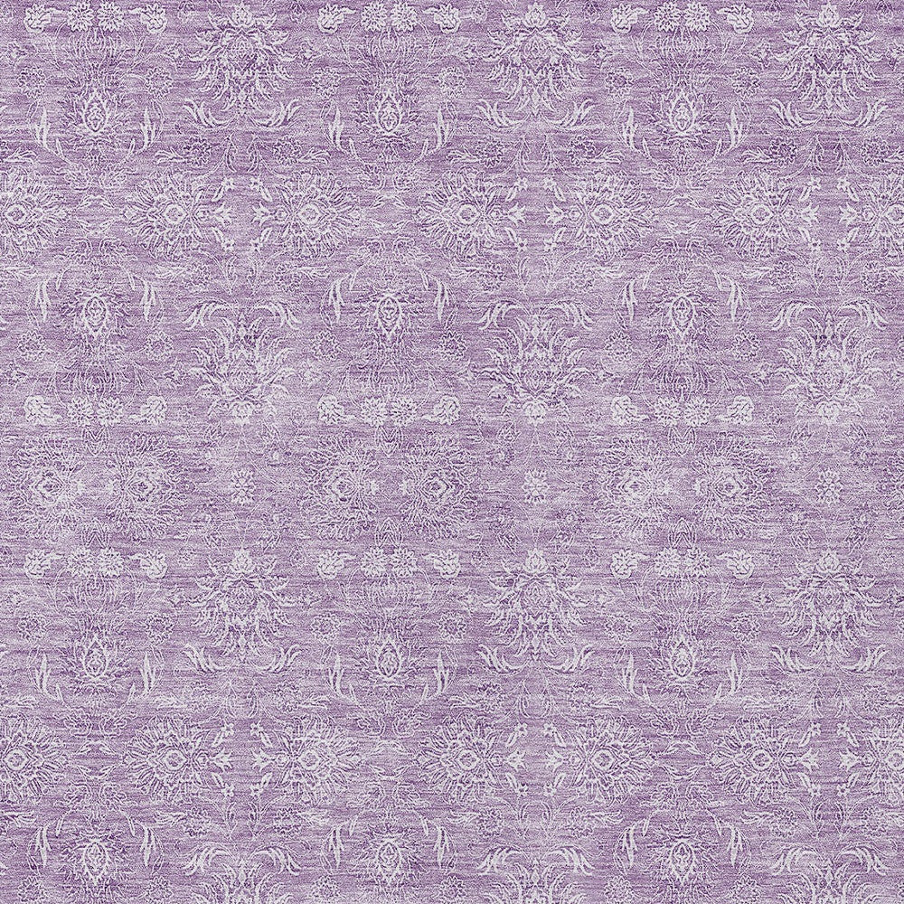 9' X 12' Lavender Lilac And Ivory Floral Washable Indoor Outdoor Area Rug