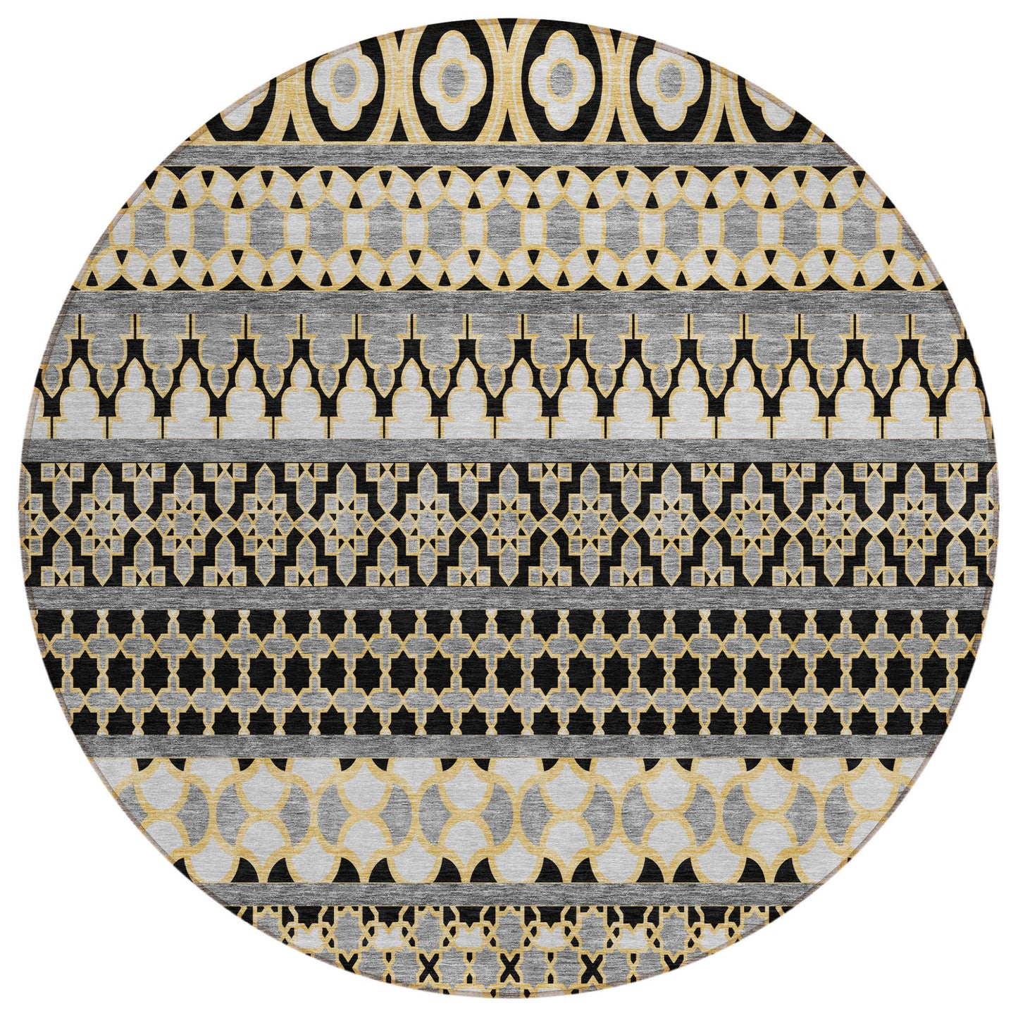 8' Charcoal Gray And Gold Round Quatrefoil Washable Indoor Outdoor Area Rug