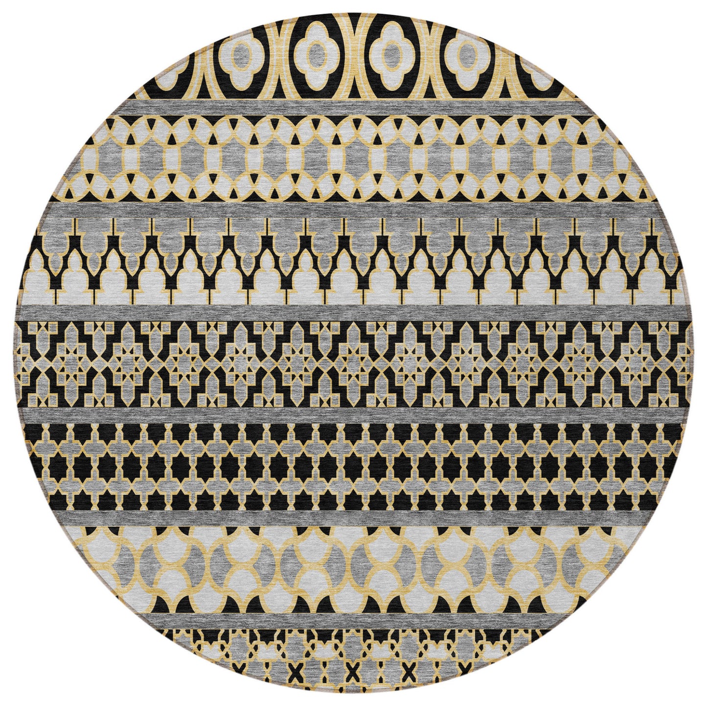 8' Charcoal Gray And Gold Round Quatrefoil Washable Indoor Outdoor Area Rug