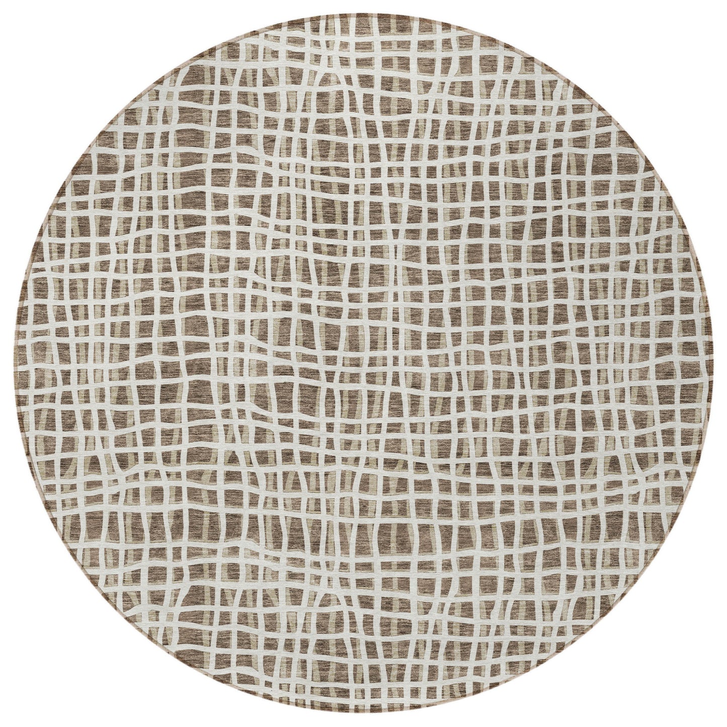 8' Brown Beige And Ivory Round Striped Washable Indoor Outdoor Area Rug