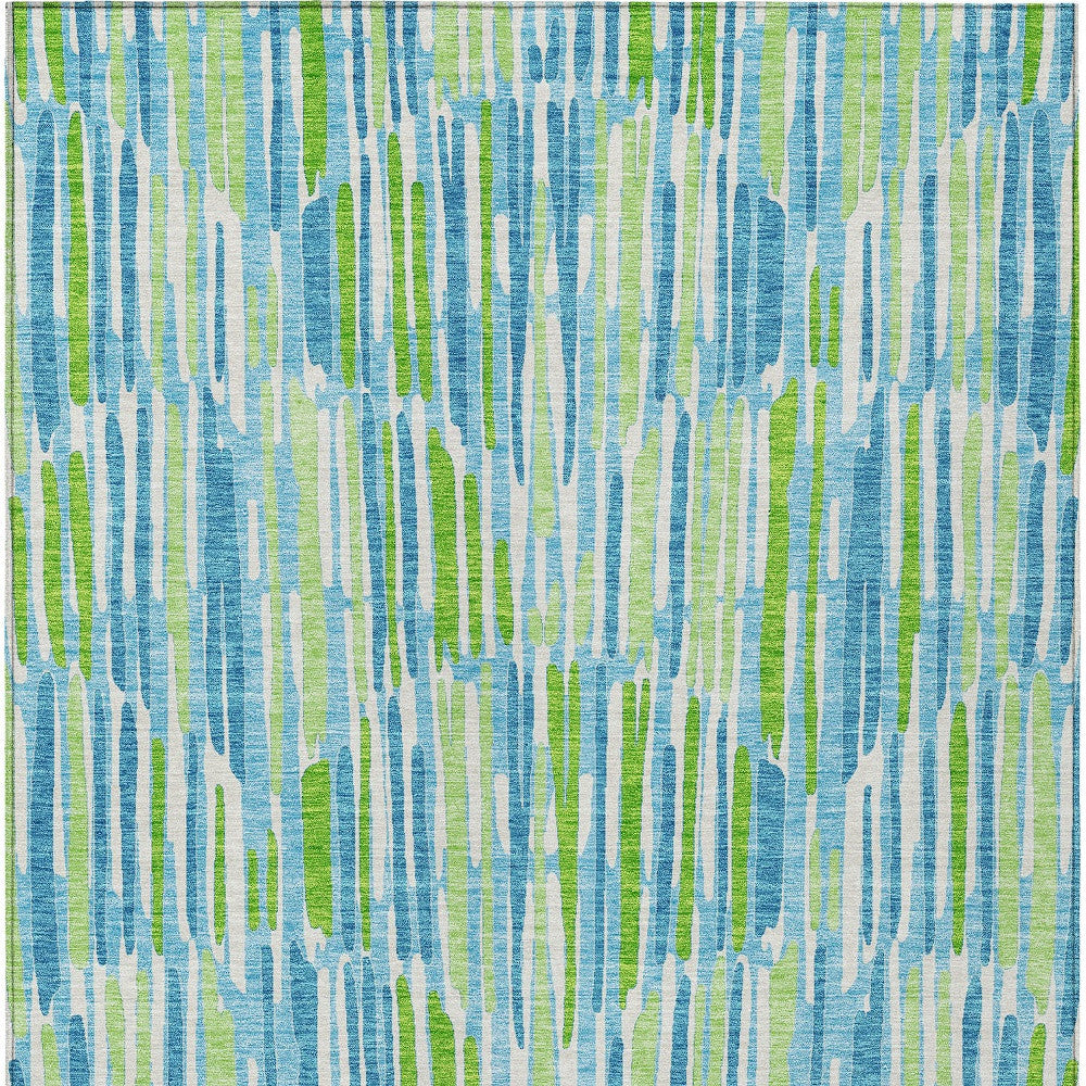 9' X 12' Aqua Teal Blue And Lime Green Abstract Washable Indoor Outdoor Area Rug