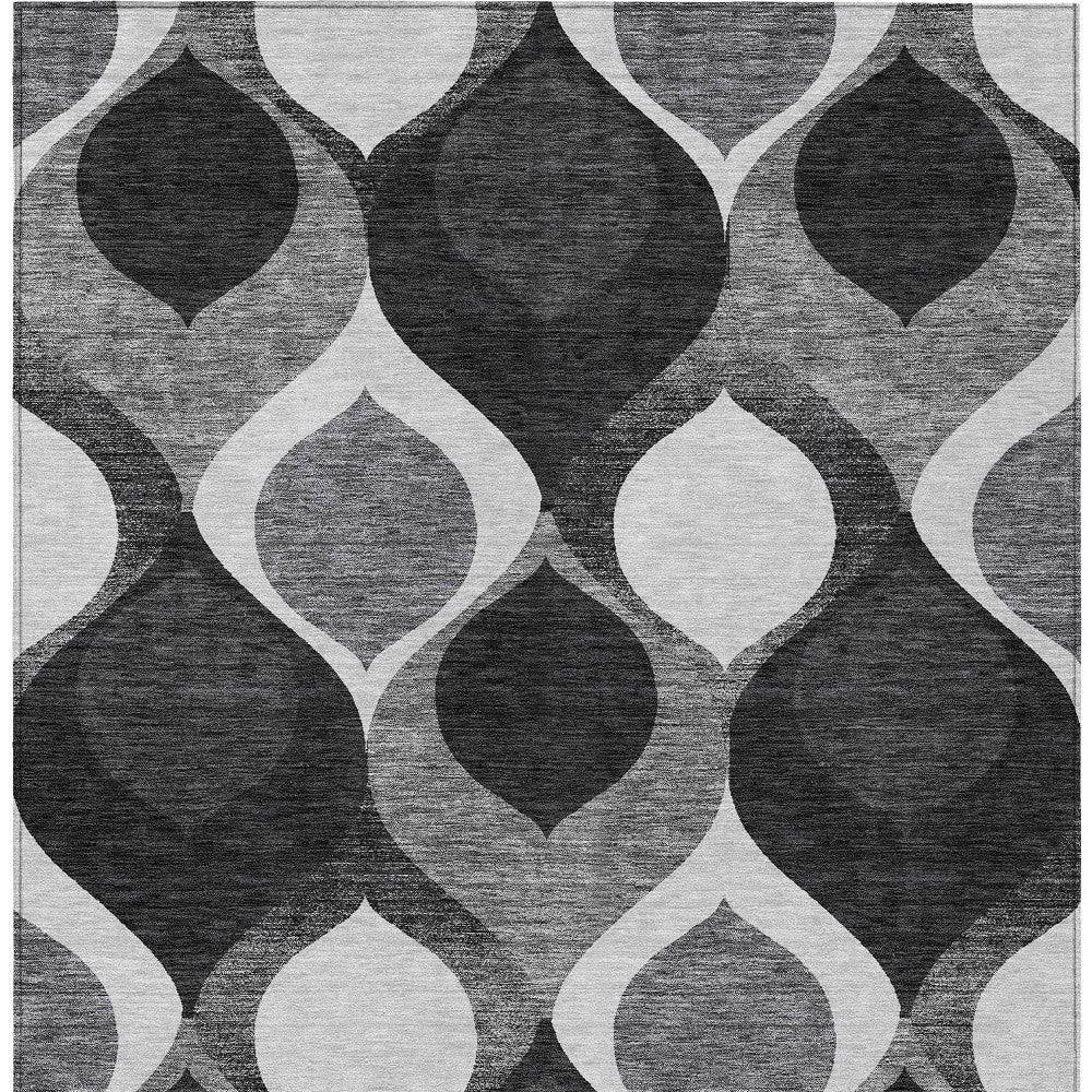 9' X 12' Black Silver And Charcoal Ogee Washable Indoor Outdoor Area Rug