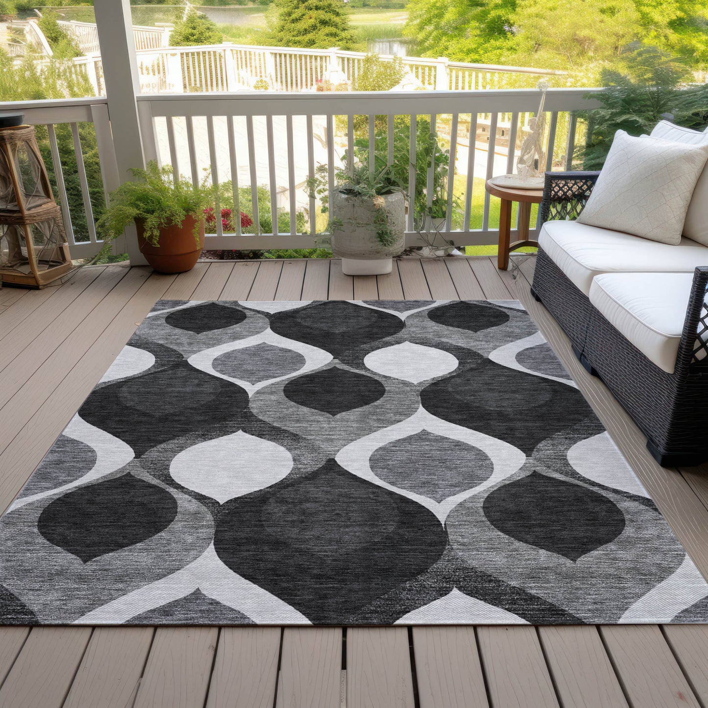 9' X 12' Black Silver And Charcoal Ogee Washable Indoor Outdoor Area Rug