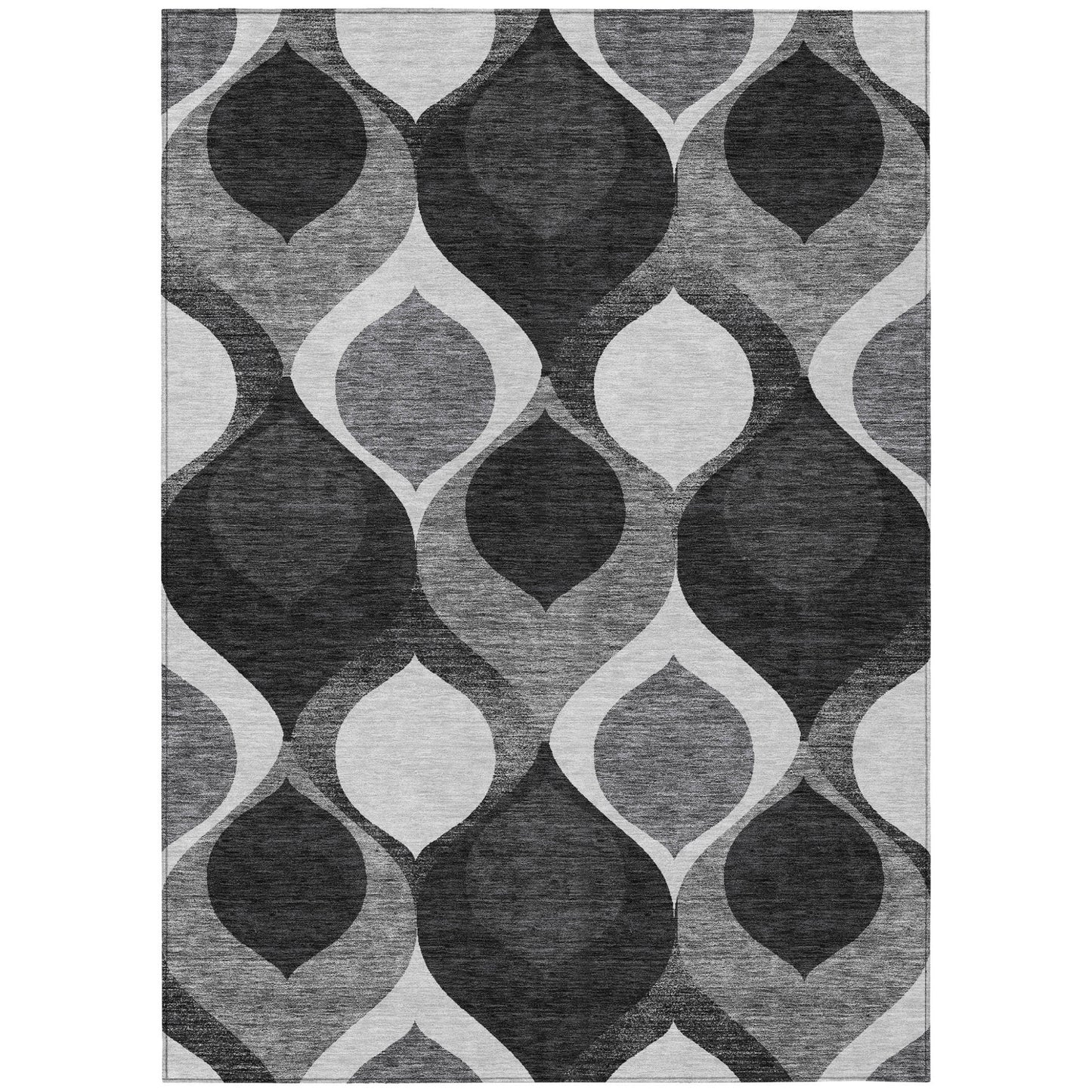 9' X 12' Black Silver And Charcoal Ogee Washable Indoor Outdoor Area Rug