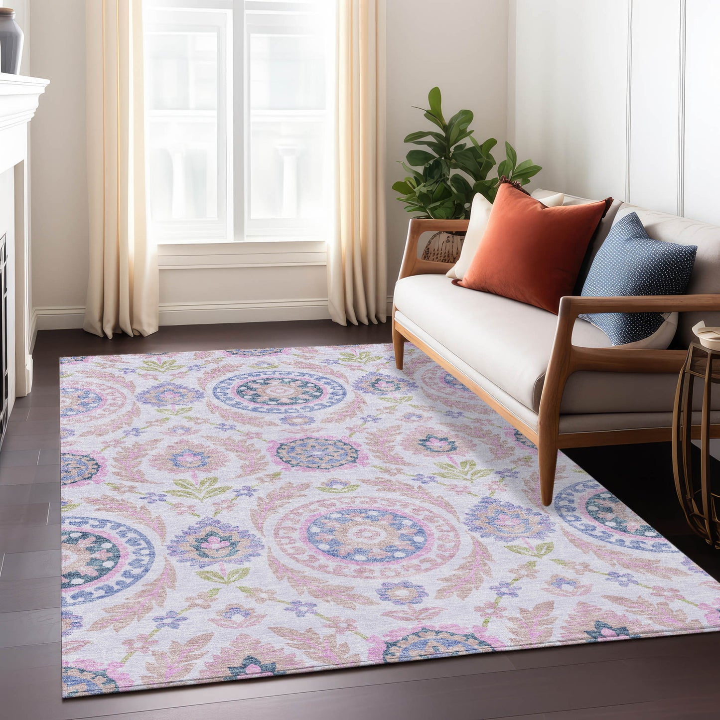 8' X 10' Blush Lavender And Purple Floral Washable Indoor Outdoor Area Rug