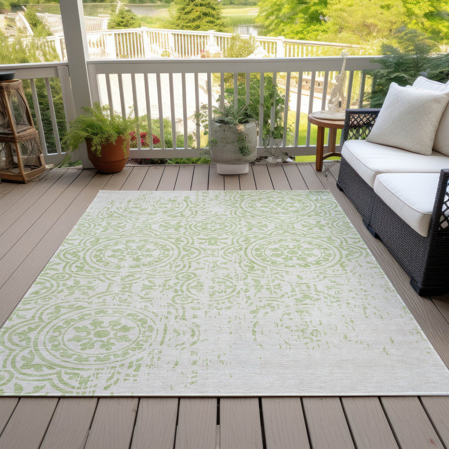3' X 5' Artichoke Green And Ivory Medallion Washable Indoor Outdoor Area Rug
