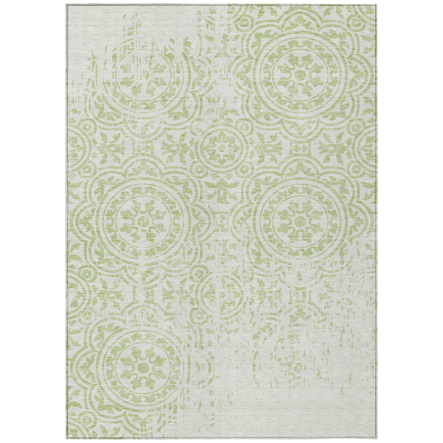 3' X 5' Artichoke Green And Ivory Medallion Washable Indoor Outdoor Area Rug