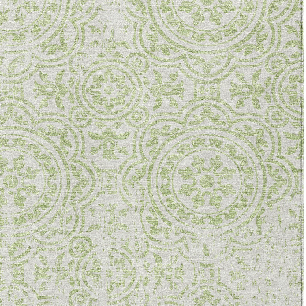 3' X 5' Artichoke Green And Ivory Medallion Washable Indoor Outdoor Area Rug