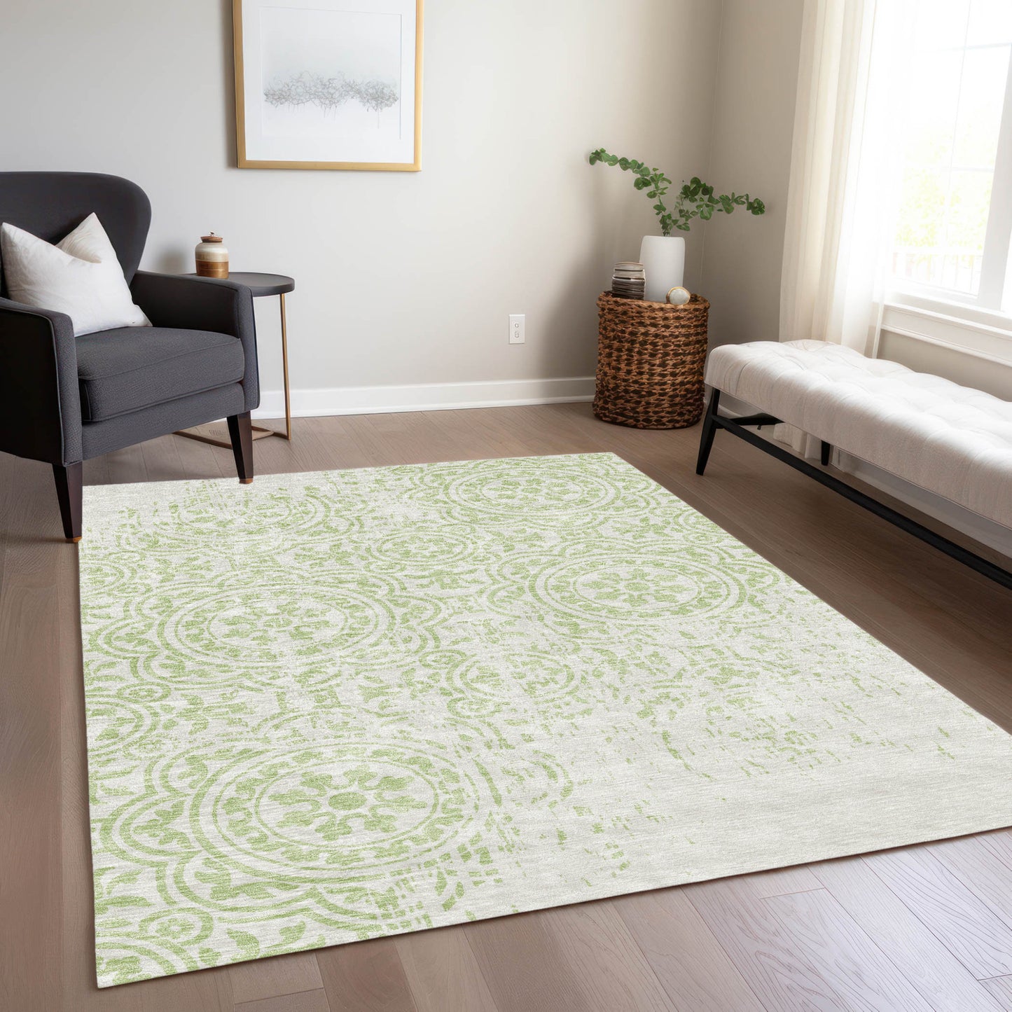 3' X 5' Artichoke Green And Ivory Medallion Washable Indoor Outdoor Area Rug