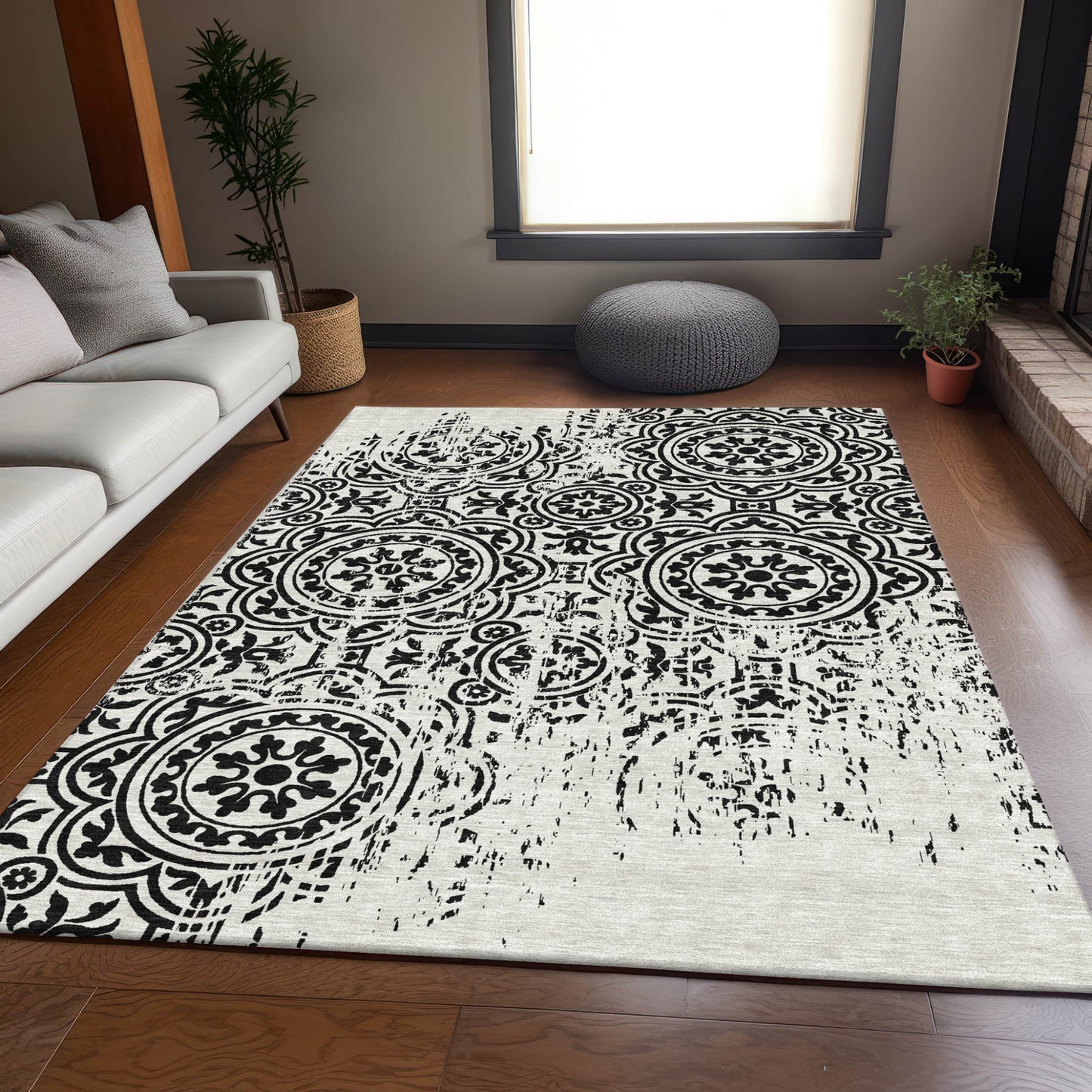 10' X 14' Black And Ivory Medallion Washable Indoor Outdoor Area Rug