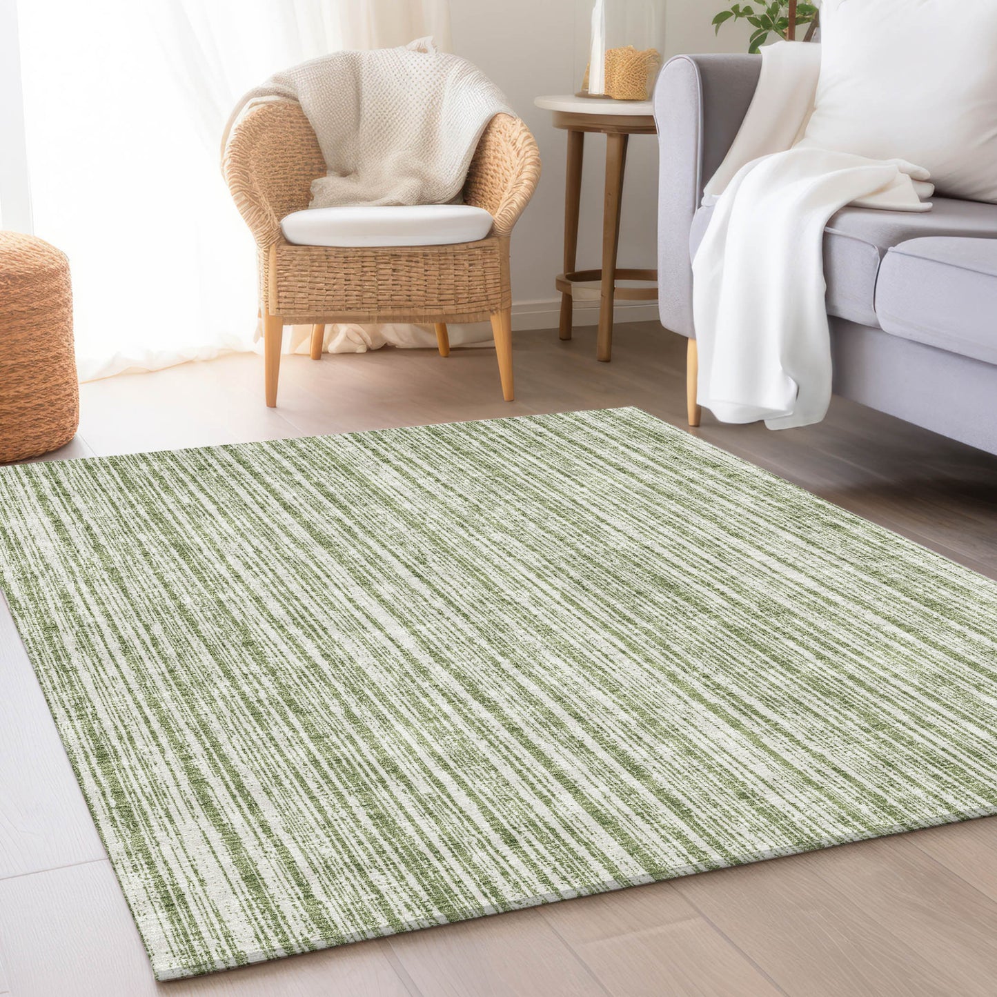 10' X 14' Green And Ivory Striped Washable Indoor Outdoor Area Rug